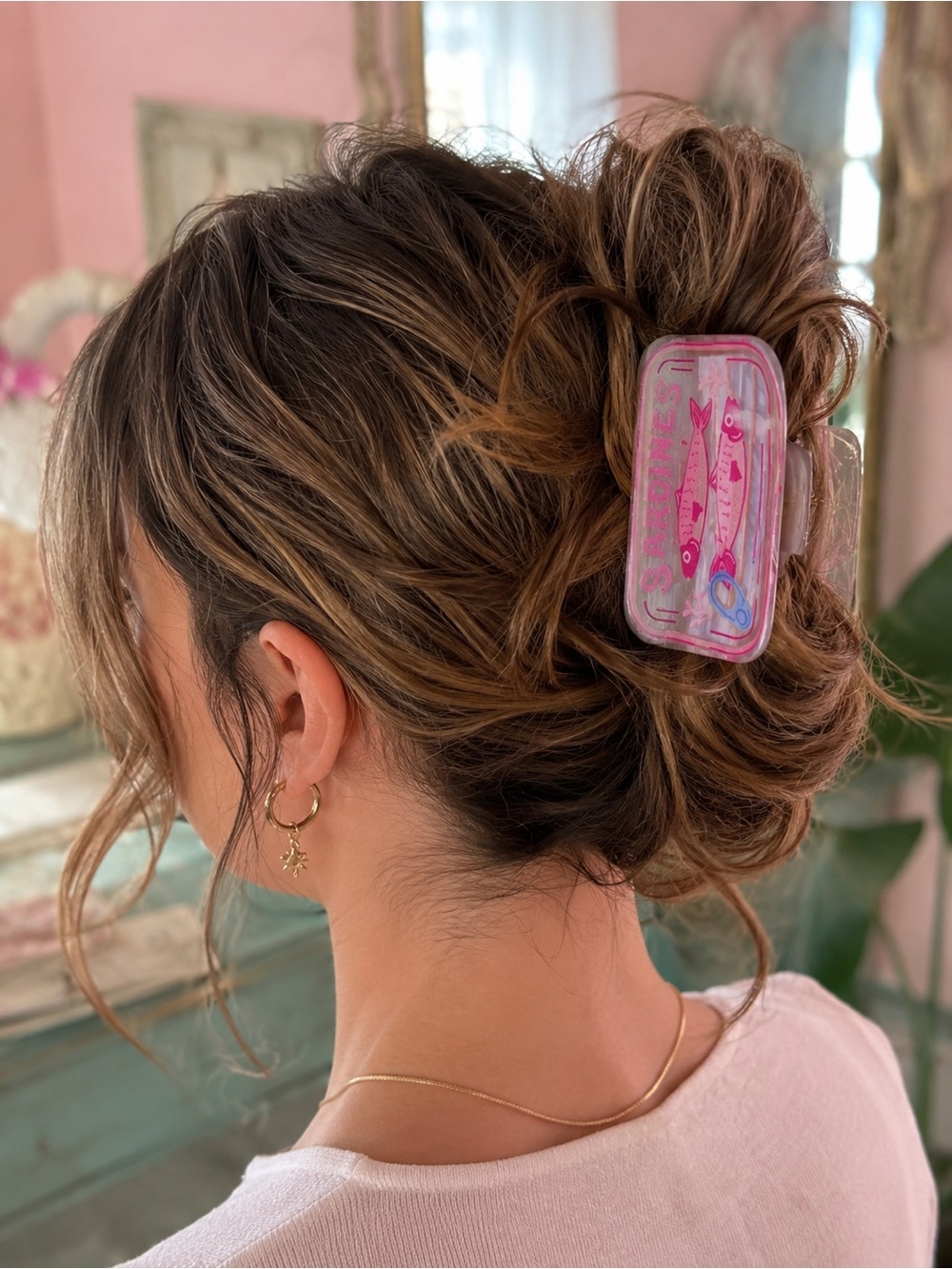 Trendy Pink Sardine Novelty Acrylic Hair Clip | Coastal Preppy - Picture 2 of 2